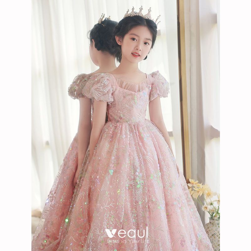 Chic Beautiful Blushing Pink Sequins Birthday Flower Girl Dresses 2022 Ball  Gown Square