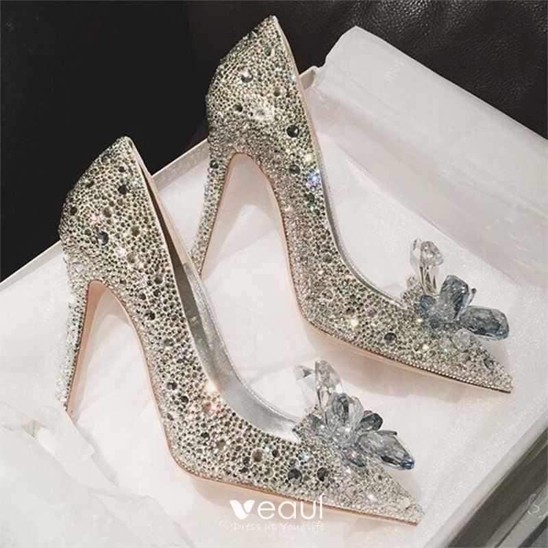 Sparkly Silver Cinderella Wedding Shoes 2018 Crystal Rhinestone Leather Pointed Toe High Heels 800x800 