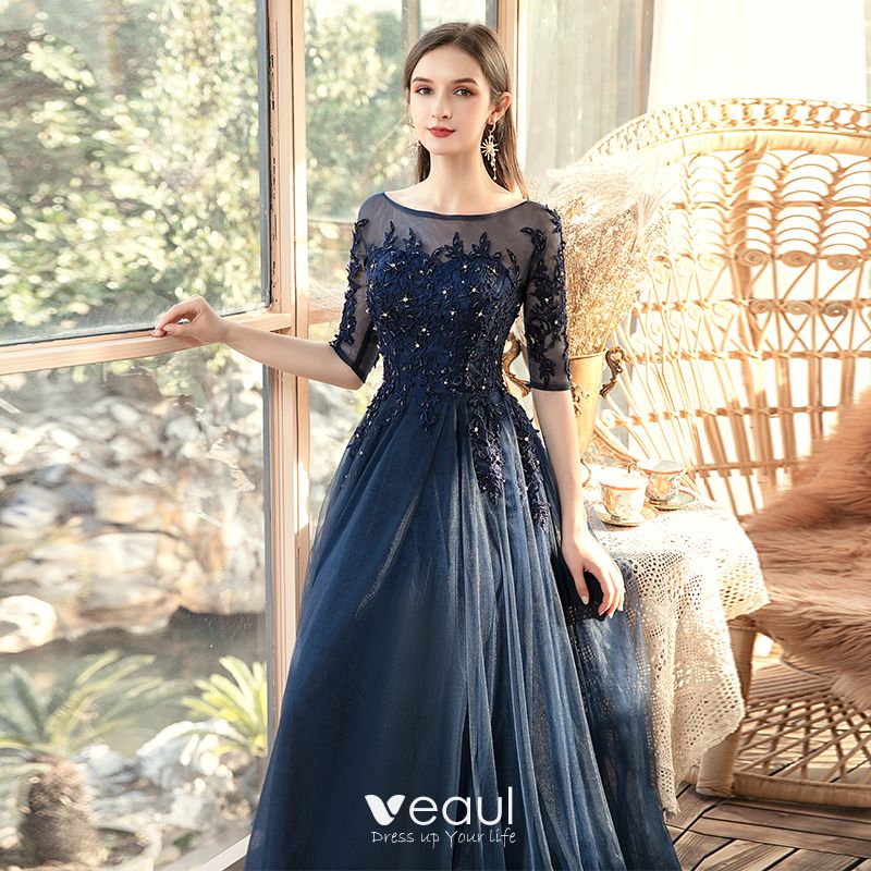 Chic / Beautiful Navy Blue See-through Evening Dresses 2020 A-Line ...