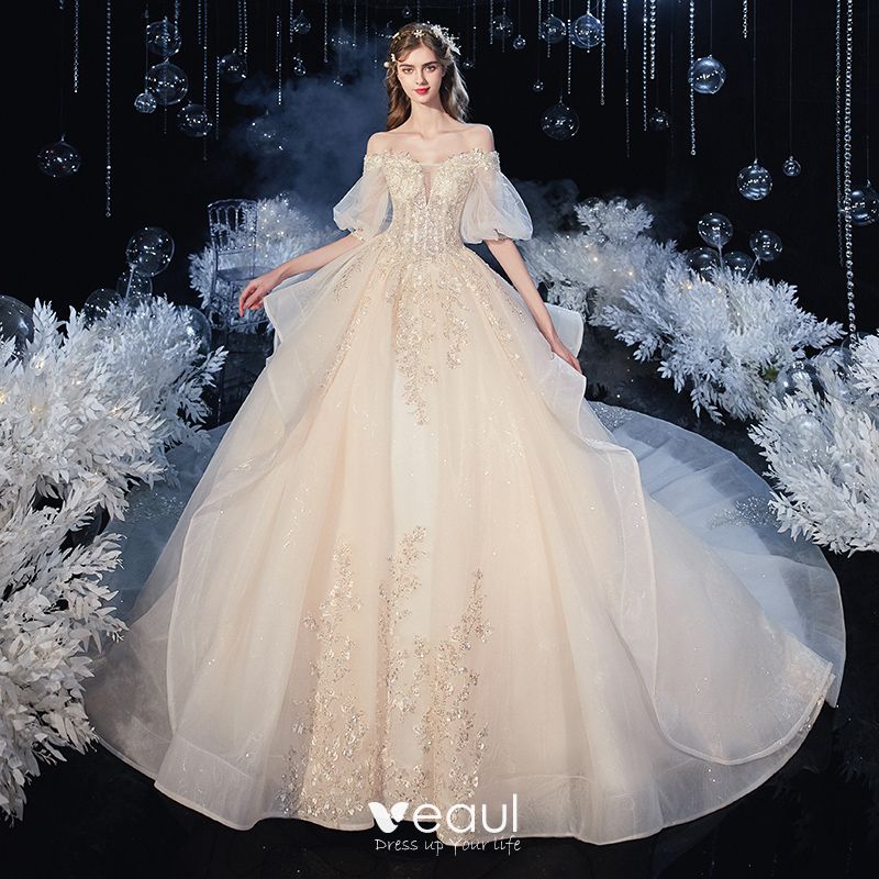 Victorian Style Champagne Bridal Wedding Dresses 2020 Ball Gown  Off-The-Shoulder Puffy 1/2 Sleeves Backless Appliques Lace Beading Glitter  Tulle Cathedral Train Ruffle