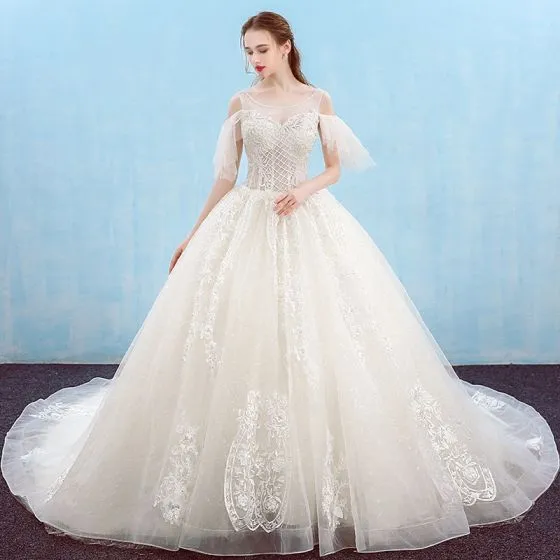 Elegant Ivory Wedding Dresses 2018 Ball Gown Beading Sequins Crystal