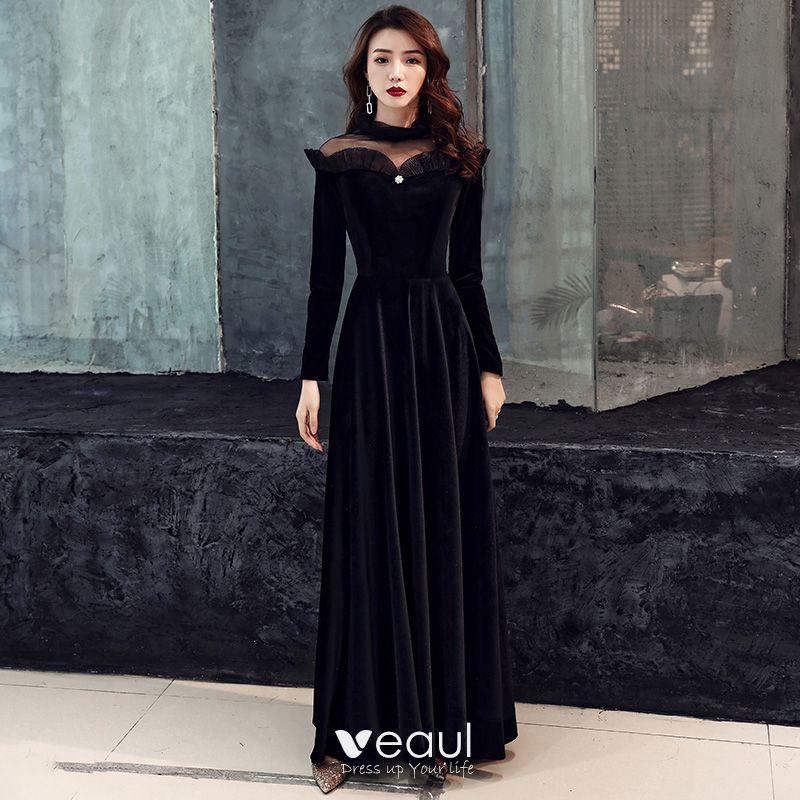 high neck long sleeve black dress
