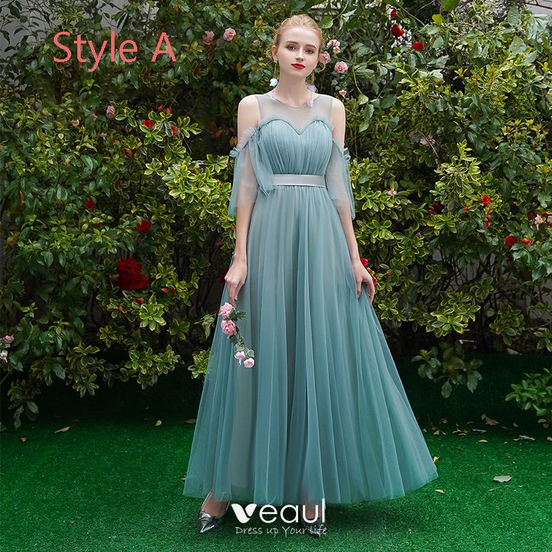 Elegant Jade Green Bridesmaid Dresses 2019 A-Line / Princess Sash Floor ...