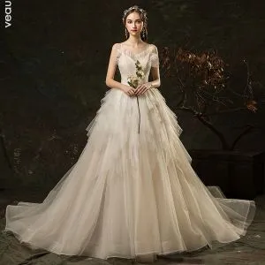 Affordable Ivory Wedding Dresses 2019 A-Line / Princess Spaghetti Straps Sleeveless Backless Court Train Cascading Ruffles
