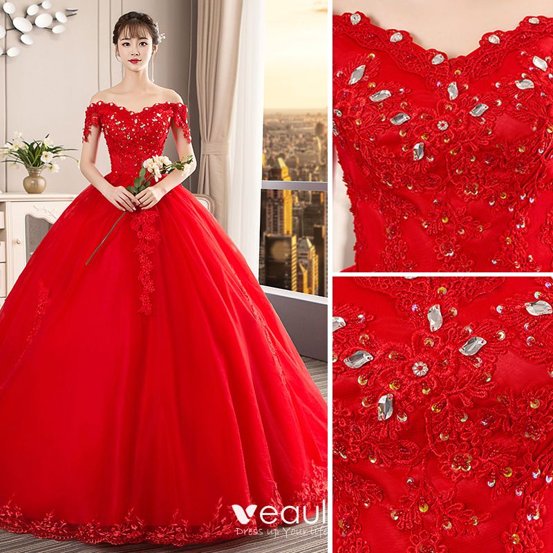 Chic Beautiful Red Wedding Dresses 2019 Ball Gown Off The Shoulder Beading Crystal Sequins 9266