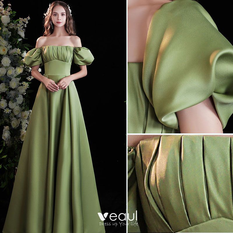 Chic / Beautiful Sage Green Satin Prom Dresses 2021 A-Line / Princess ...