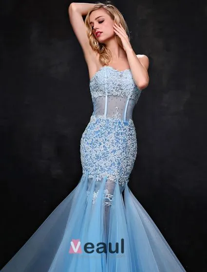 Sexy Sweetheart Sky Blue Evening Dress Applique Lace Pierced Mermaid Prom Dress 1299