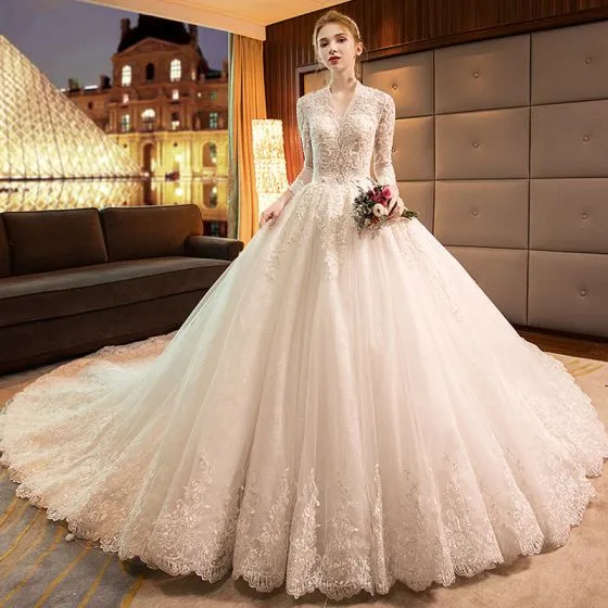 Luxury / Gorgeous Ivory Wedding Dresses 2019 A-Line / Princess V-Neck ...