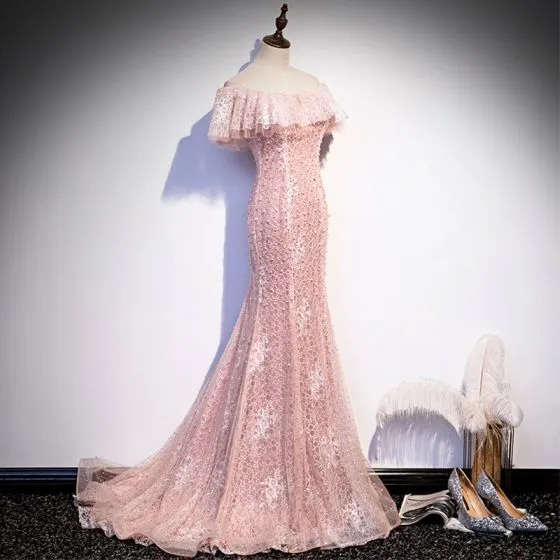 Best Pearl Pink Lace Evening Dresses 2020 Trumpet / Mermaid Off-The ...
