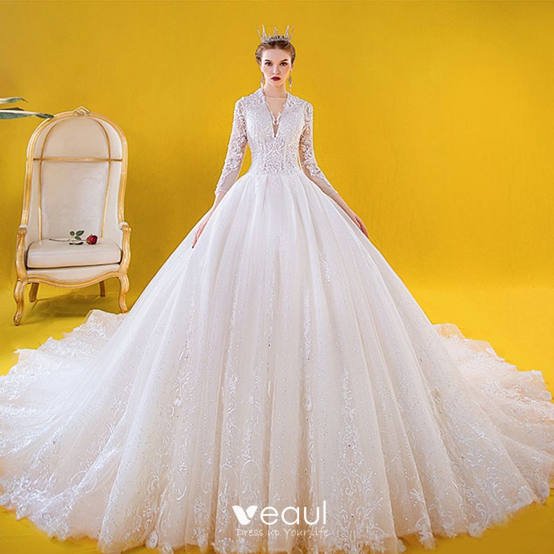 Luxury / Gorgeous Ivory Wedding Dresses 2020 Ball Gown See-through Deep ...