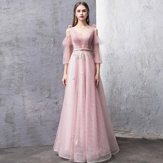 Modern / Fashion Blushing Pink Evening Dresses 2019 A-Line / Princess V ...