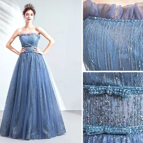 Charming Ocean Blue Evening Dresses 2020 A-Line / Princess Strapless ...