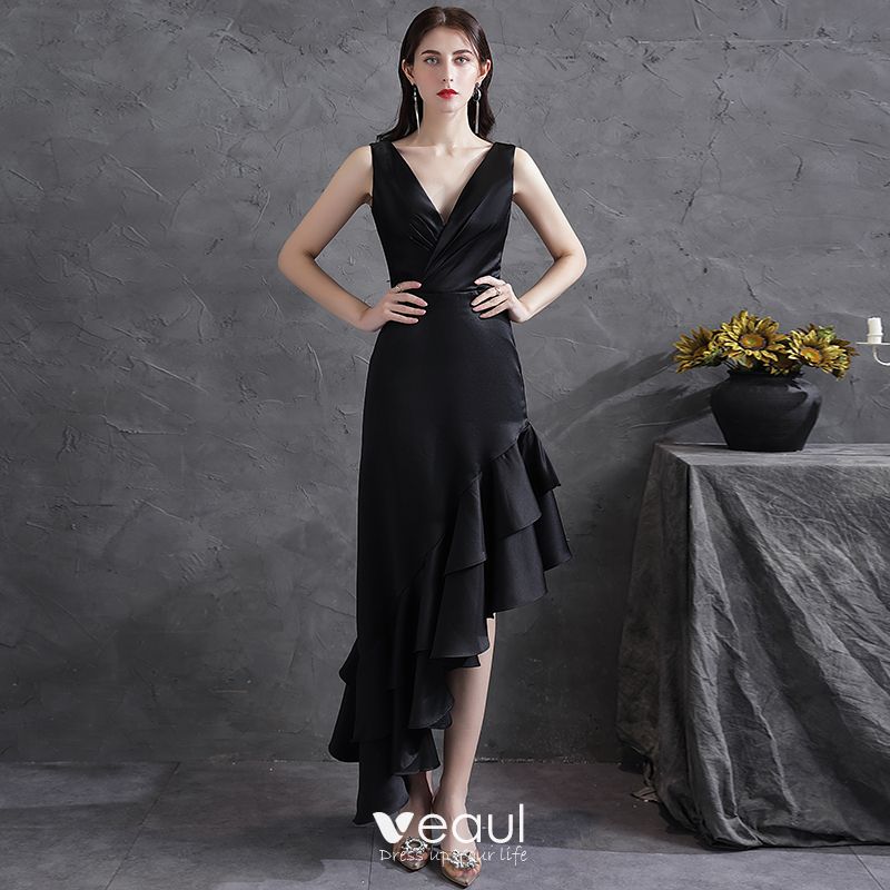 Modern / Fashion Black Ruffle Satin Party Dresses 2021 A-Line ...