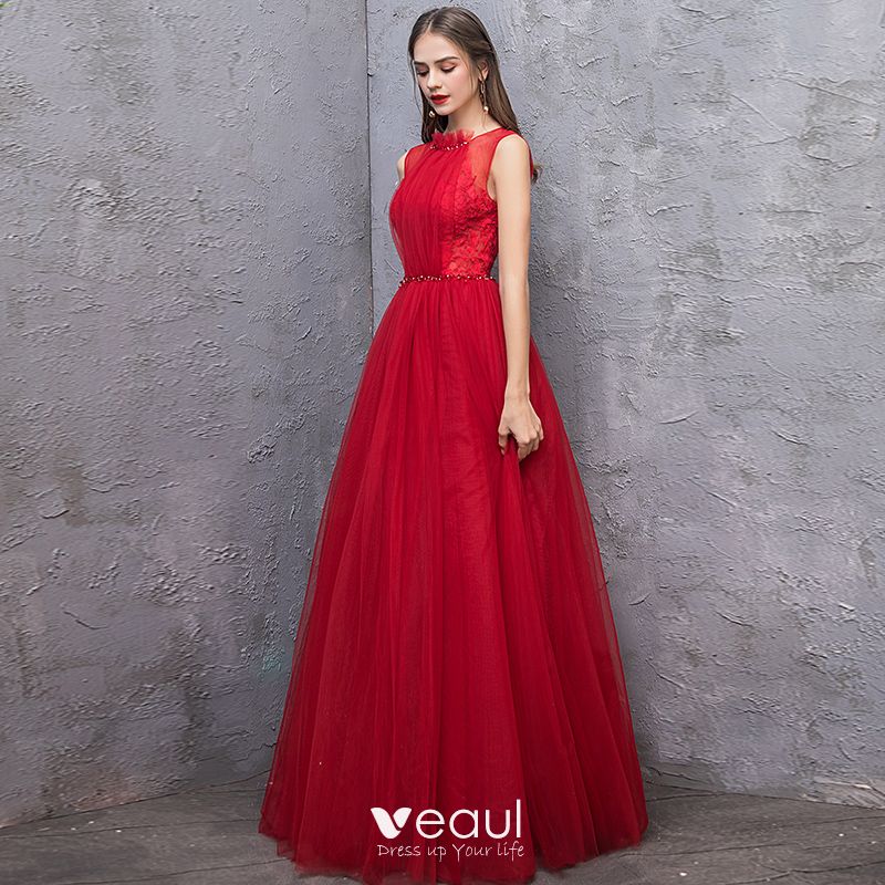 Chic / Beautiful Red Evening Dresses 2019 A-Line / Princess Scoop Neck ...