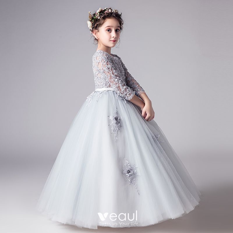 Illusion Lace Sleeve Flower Girl Dress with Bow