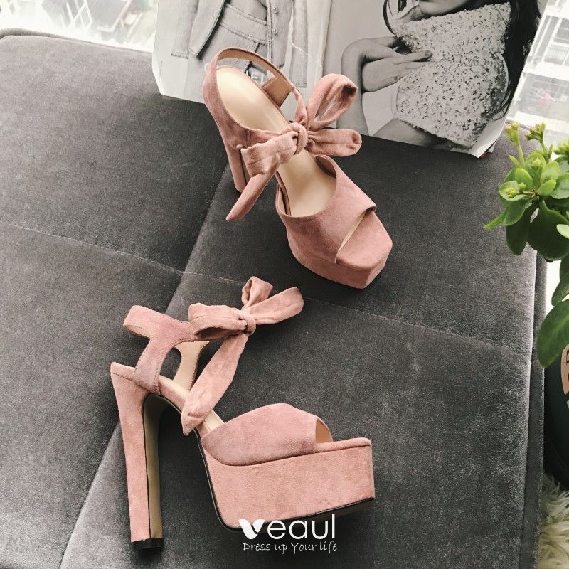 Mooie Prachtige Blozen Roze Straatkleding Leer Suede Sandalen Dames 2020 Strik 15 cm Hak