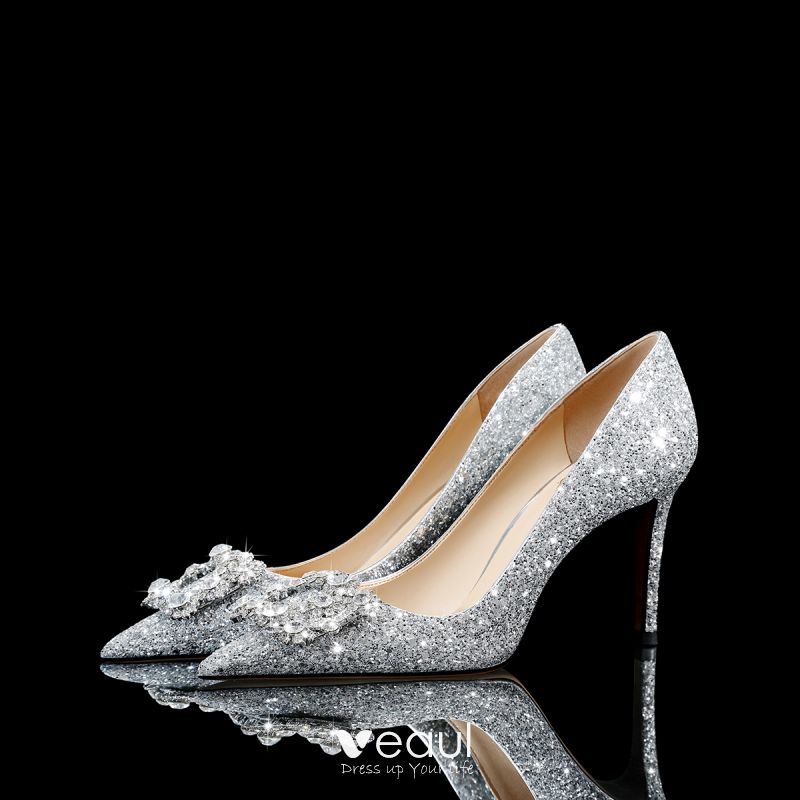 Sparkly Silver Cinderella Crystal Wedding Shoes 2021 Leather Sequins 10 cm  Stiletto Toe