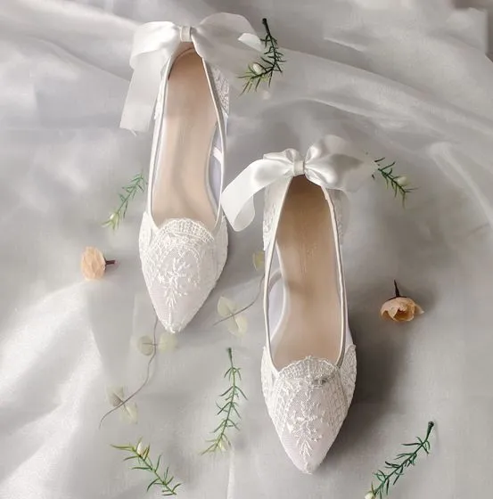 Elegant Ivory Lace Wedding Shoes 2020 Bow 6 cm Stiletto Heels Pointed ...