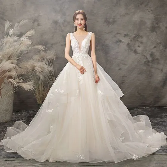 Elegant Champagne Wedding Dresses 2019 A-Line / Princess Scoop Neck ...
