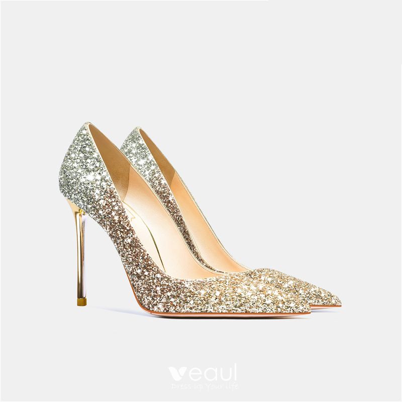 Charming Gold Sequins Wedding Pumps 2021 Leather 10 cm Stiletto Heels ...