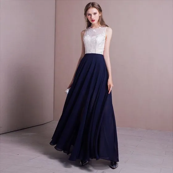 Elegant Navy Blue Evening Dresses 2017 A-Line / Princess Lace Split ...