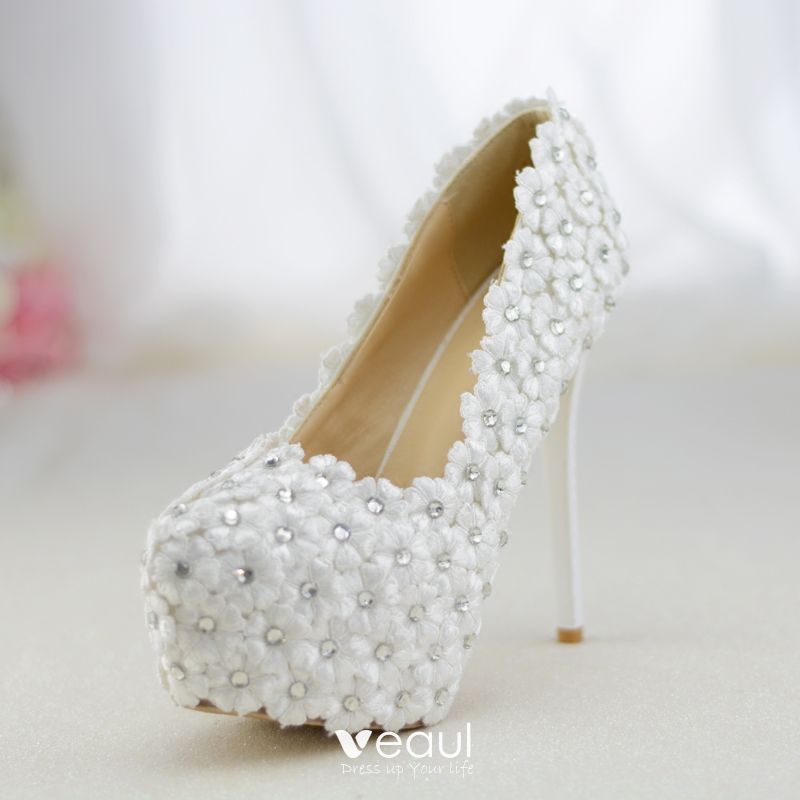 Chic / Beautiful White Wedding Shoes 2019 Lace Flower Rhinestone 14 cm ...