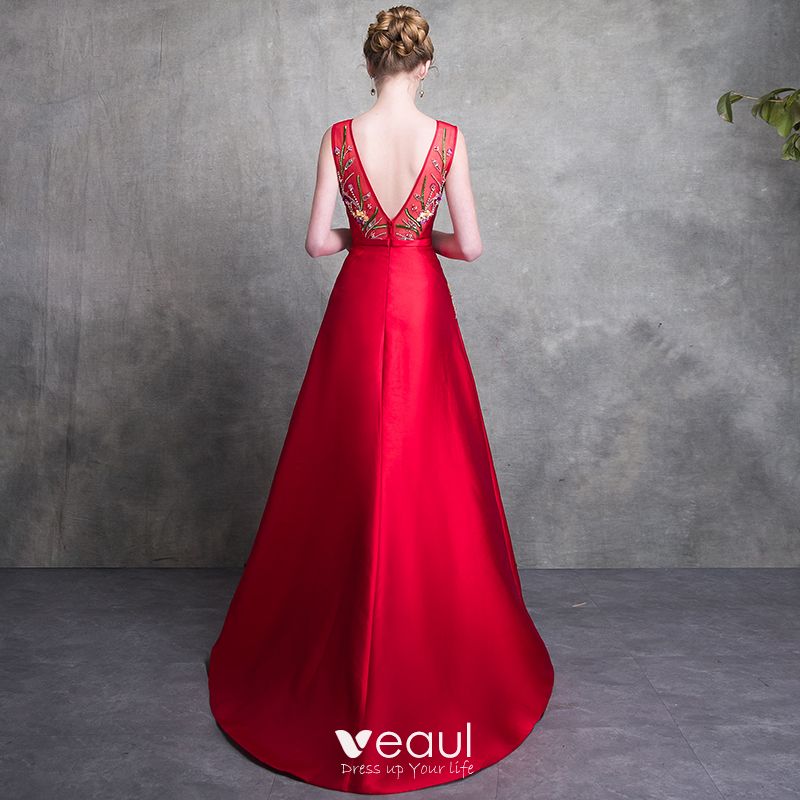 Luxury / Gorgeous Red Evening Dresses 2018 A-Line / Princess V-Neck ...