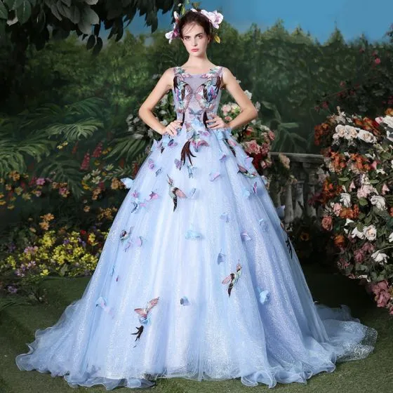 Flower Fairy Sky Blue Ball Gown Prom Dresses 2017 U-Neck ...