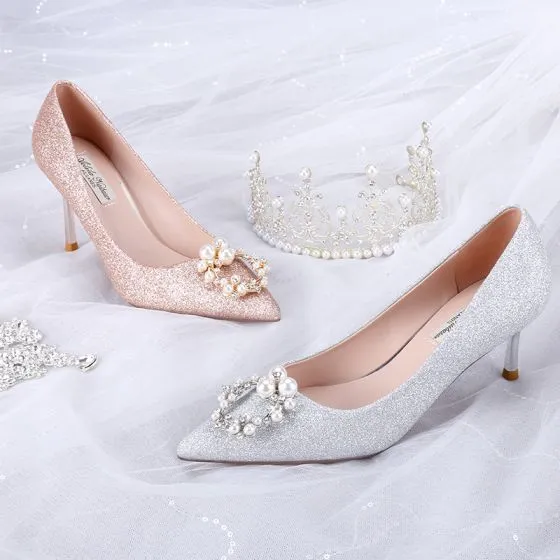 Fashion Glitter Silver Wedding Shoes 2020 Sequins Pearl Rhinestone 8 cm ...