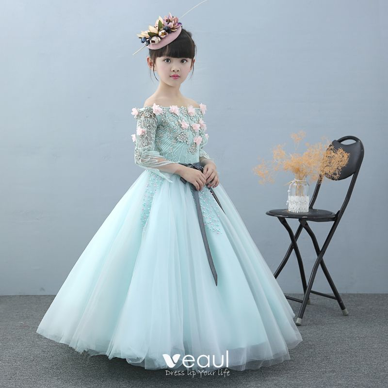 Chic Beautiful Church Wedding Party Dresses 2017 Flower Girl Dresses Sky  Blue Ball Gown