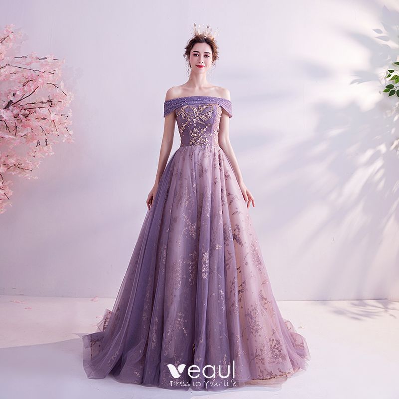 Charming Purple Prom Dresses 2020 A-Line / Princess Off-The-Shoulder ...