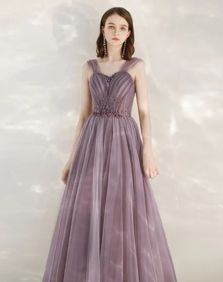Elegant Grape Evening Dresses 2020 A-Line / Princess Shoulders Short ...