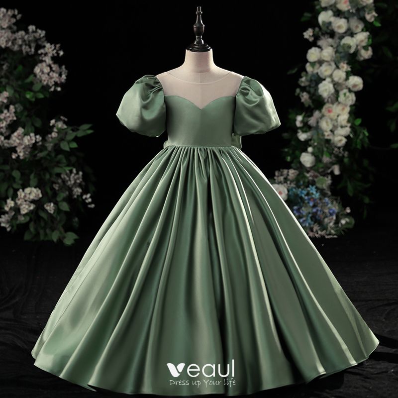 Chic Beautiful Dark Green Sash Sequins Birthday Flower Girl Dresses Ball  Gown 2021 Satin