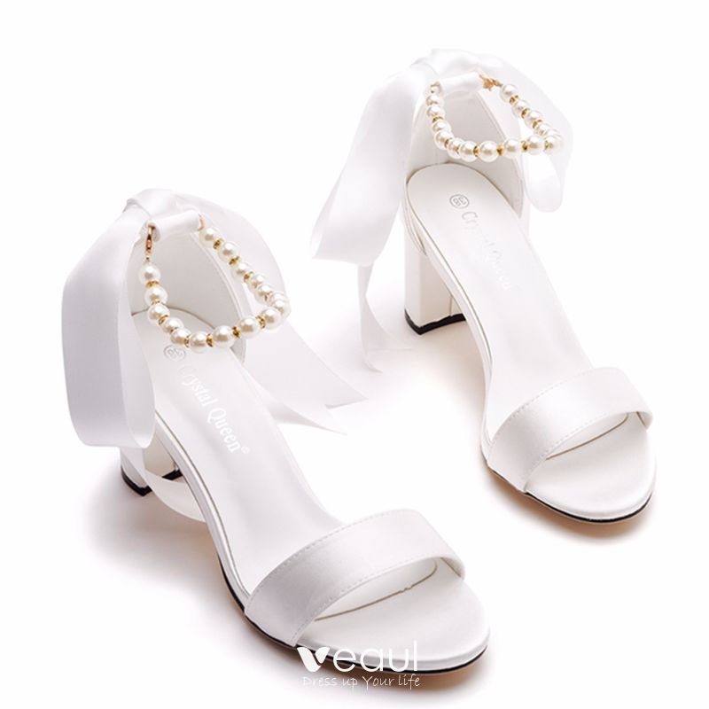 Elegant Ivory Pearl Bow Ankle Strap Wedding Shoes 2023 Satin 8 cm