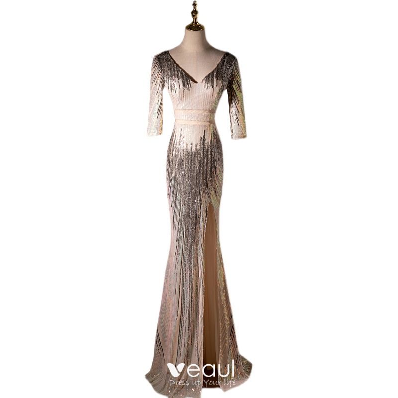 Sparkly Sexy Champagne Sequins Evening Dresses 2022 Trumpet / Mermaid V ...