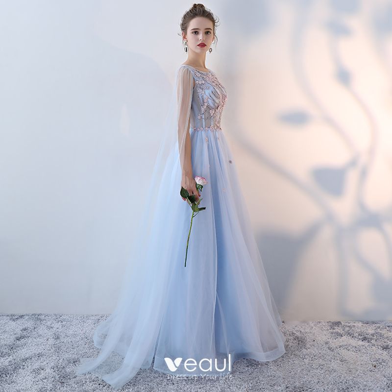 Chic / Beautiful Sky Blue Evening Dresses 2017 A-Line / Princess Lace ...