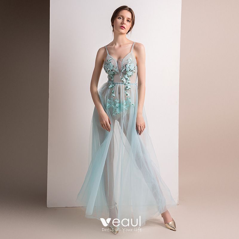 Sexy Pool Blue See-through Evening Dresses 2018 A- Line 