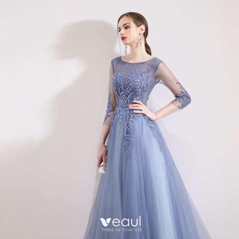 Chic / Beautiful Sky Blue Evening Dresses 2019 A-Line / Princess Scoop ...