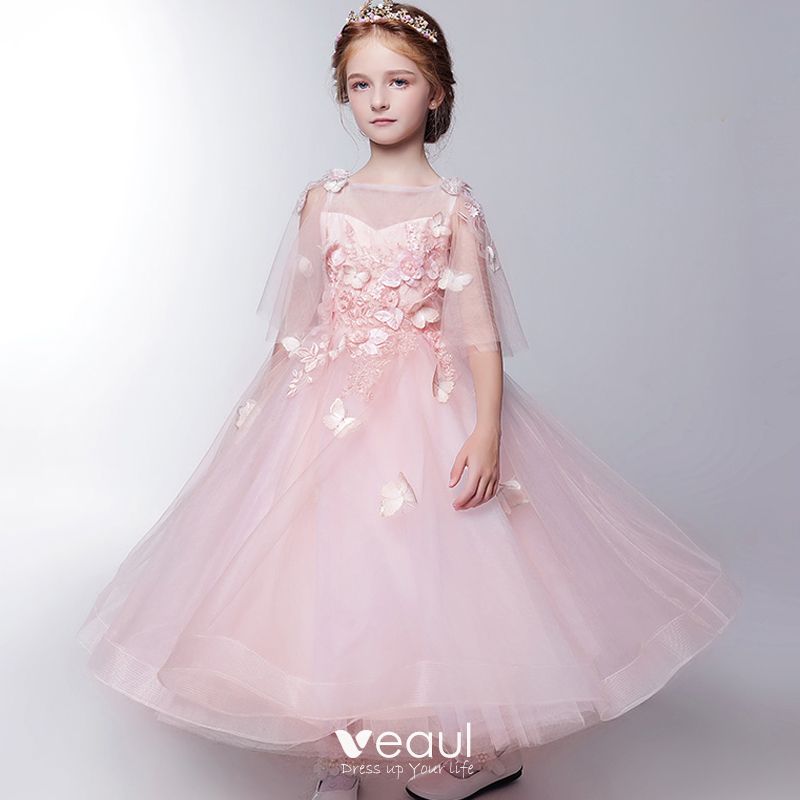 Cute Tulle Appliques Backless Flower Girl Dresses with Pearls