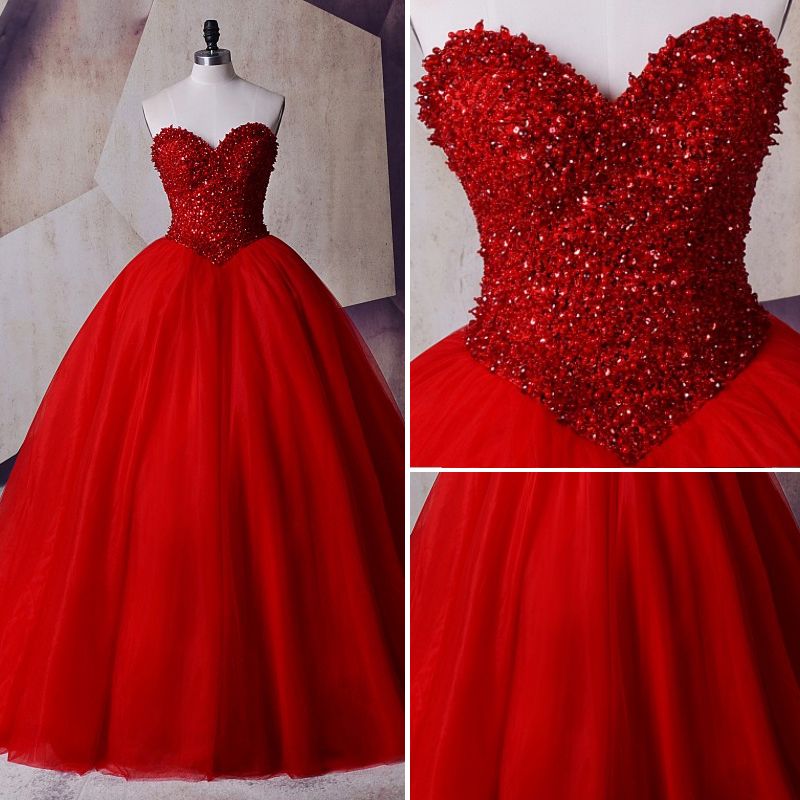 Sparkly Red Ball Gown Prom Dresses Sweetheart Sleeveless Beading Pearl 8175