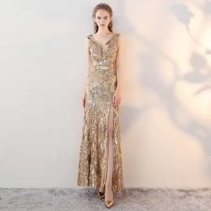 Modern / Fashion Gold Evening Dresses 2017 Trumpet / Mermaid V-Neck Sleeveless Sequins Metal Sash Split Front Ankle Length Backless Formal Dresses