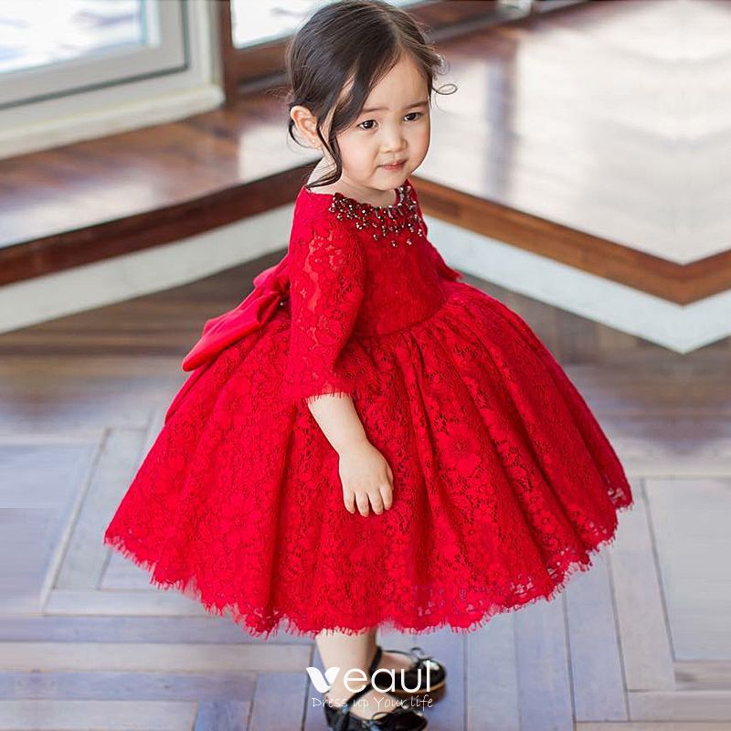 Chic / Beautiful Red Lace Birthday Flower Girl Dresses 2020 Ball Gown ...