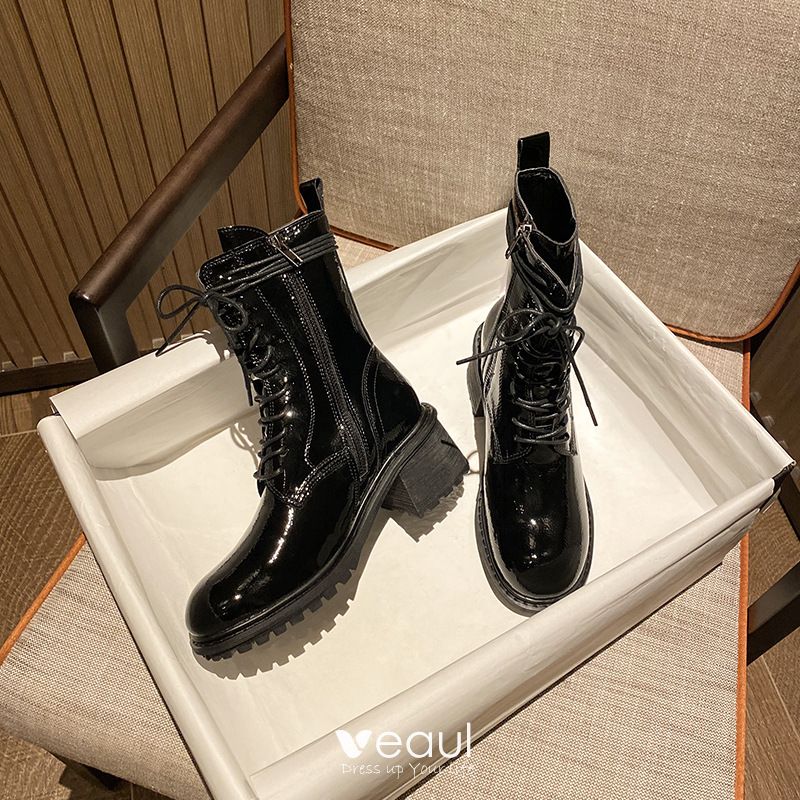 Fashion Fall Black Street Wear Patent Leather Womens Boots 2020 7 Cm Thick Heels Round Toe Boots 800x800 