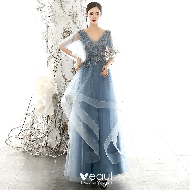 Chic / Beautiful Ocean Blue Evening Dresses 2020 A-Line / Princess V ...