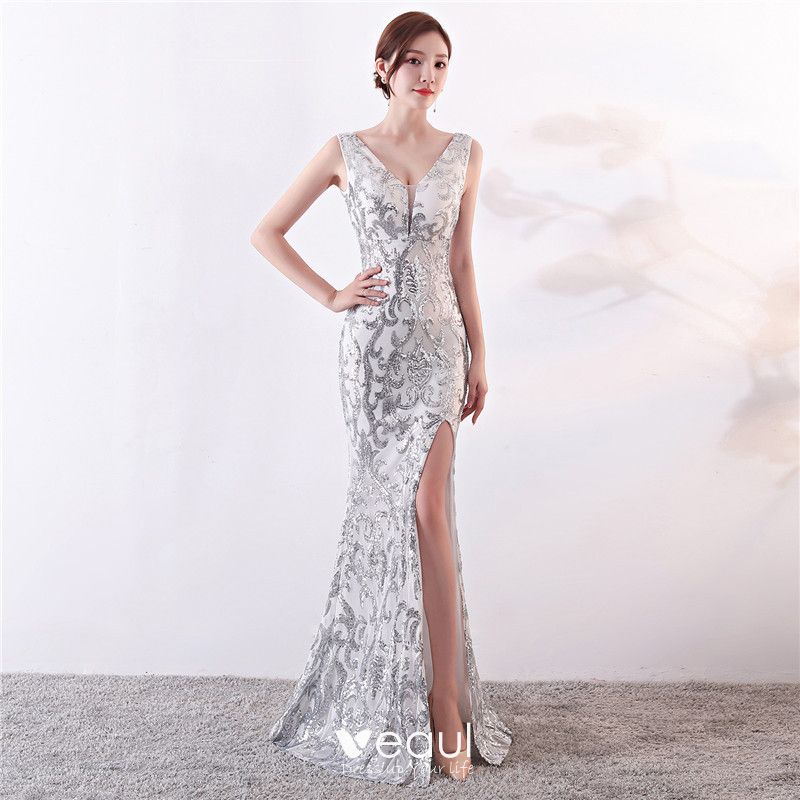 2023 Pink Sequin Mermaid Prom Dresses For Black Girl Sparkly Silver Beaded  V Neck Evening Party Gowns Vestidos De Novia From Sunnybridal01, $147.68 |  DHgate.Com