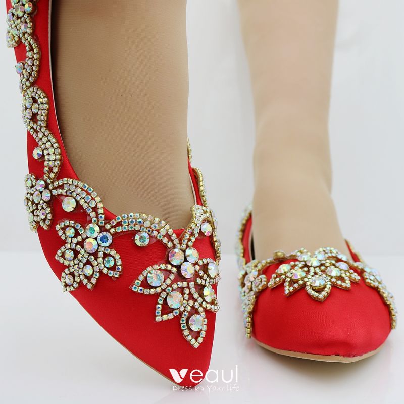 Chinese style Red Wedding Shoes 2018 Rhinestone Pointed Toe Flat Wedding