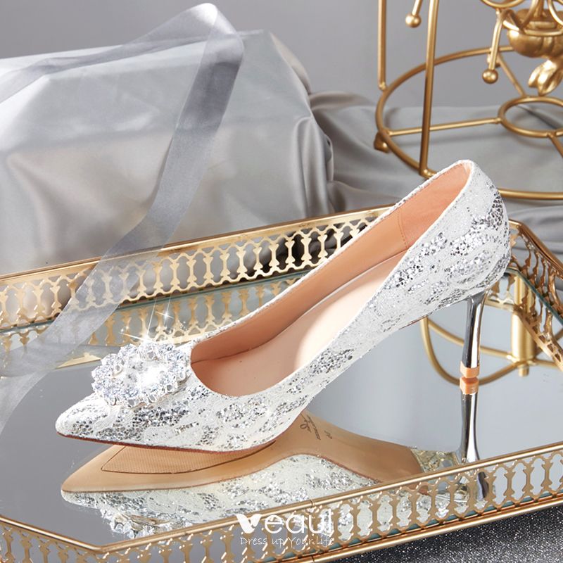 su.cheny 2” 3" 4" Lace white light ivory rhinestones Wedding Bridal heels shoes 