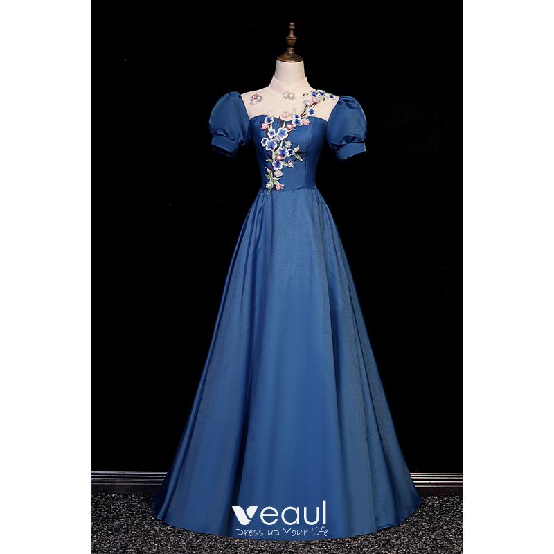 Vintage / Retro Navy Blue Satin Prom Dresses 2023 A-Line