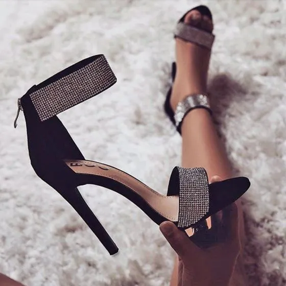 Glamorous Black Slingback Shoes for Women, Rhinestone Decor Point Toe Flats, CN39 Black Polyester