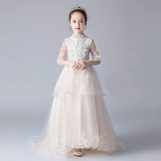 Chinese style Champagne Flower Girl Dresses 2019 A-Line / Princess High ...